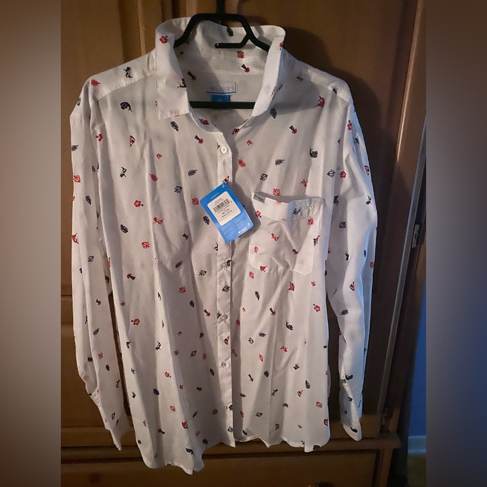 Columbia White cotton Shirt with Red and Blue Accents.